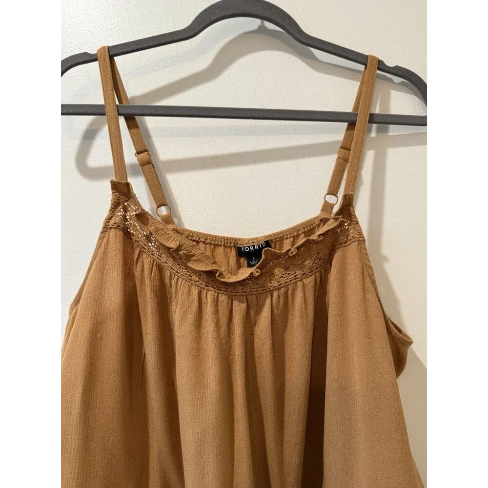 Torrid Women Brown Crinkle Gauze Crochet Tank Plus Adjustable Sz 1 Boho Festival - Picture 2 of 8